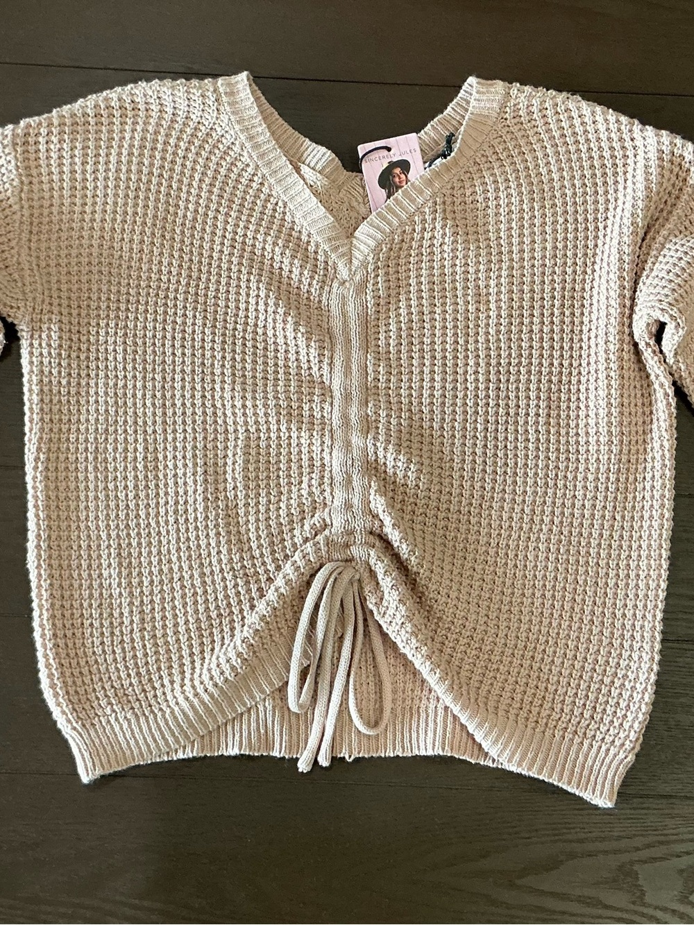 Sincerely Jules Waffle-Knit V-Neck Drawstring Sweater